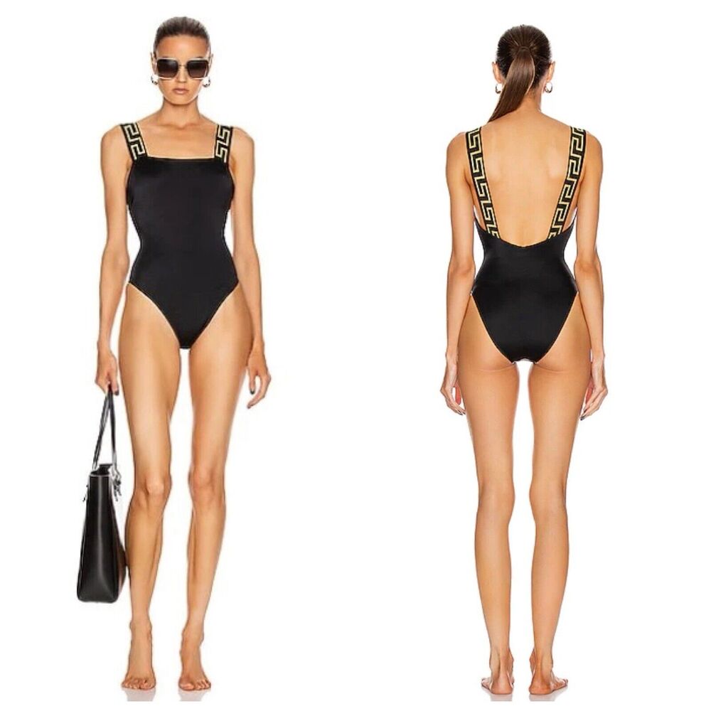 NWT Versace Greca Strap One Piece Swimsuit Size 1 / XS Black Gold $425